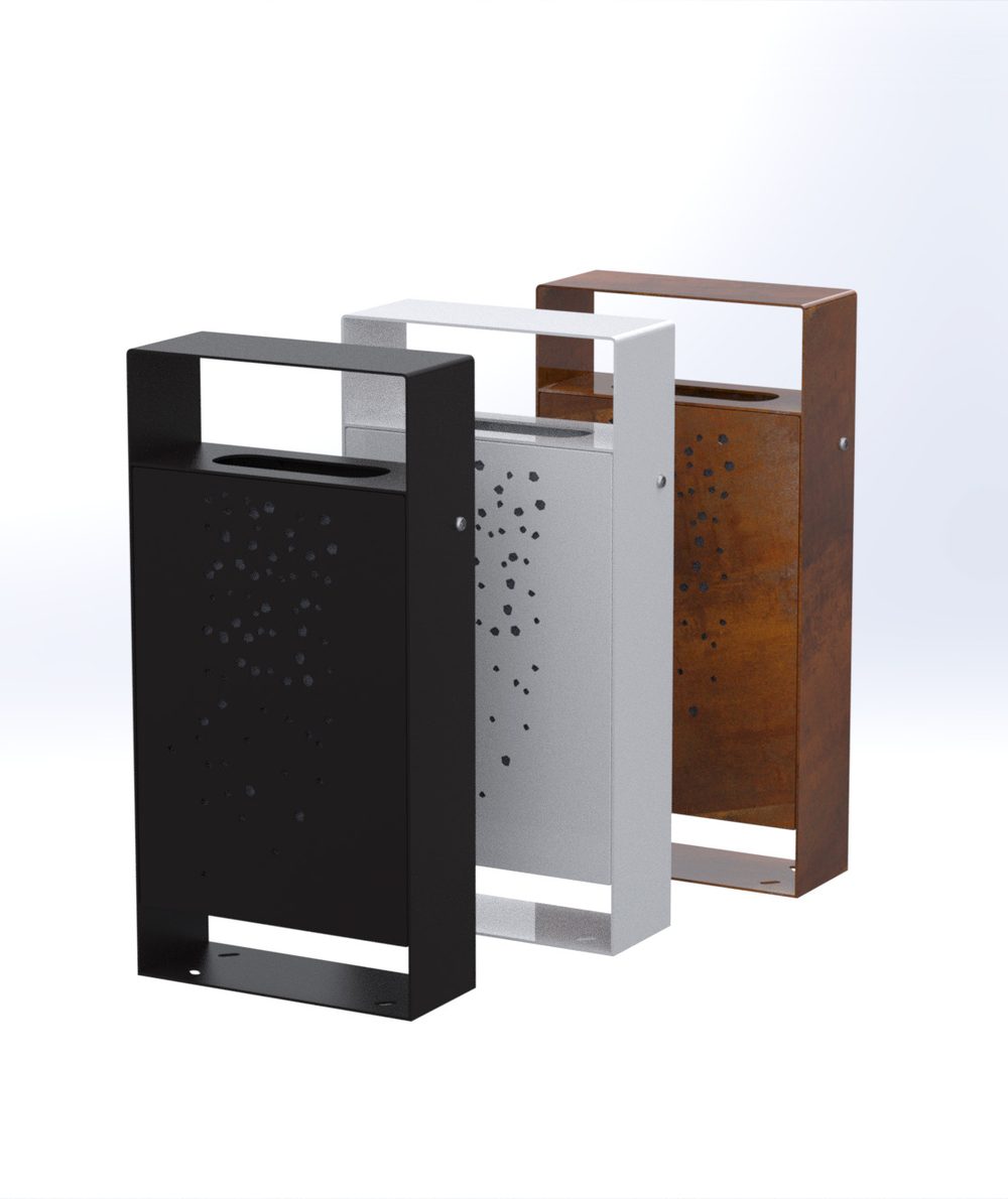 Corbeille Liger en trois finitions : noir, inox, corten
